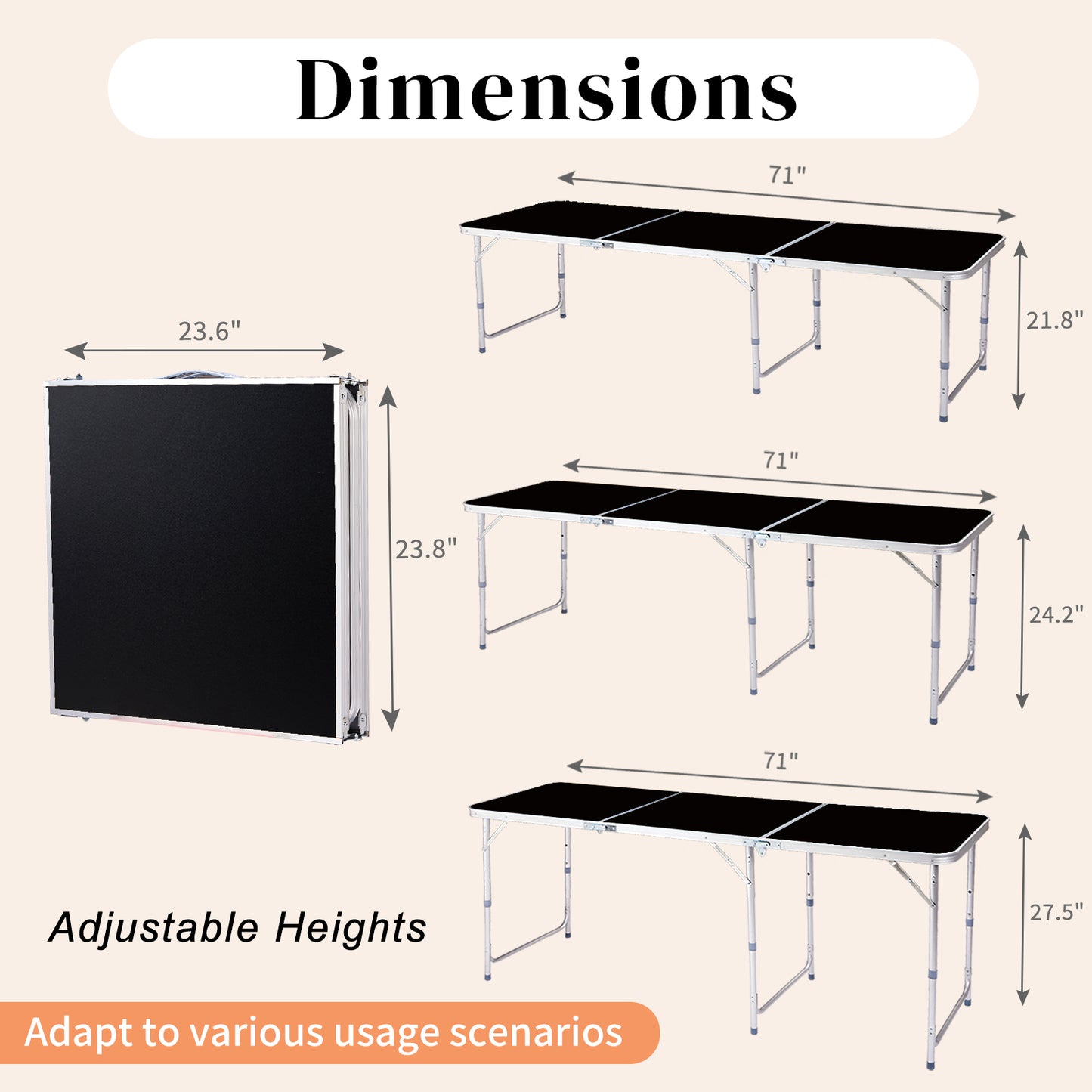 6ft Black Outdoor Folding Table Aluminum Alloy Rectangular 50kg Tri-fold Tabletop