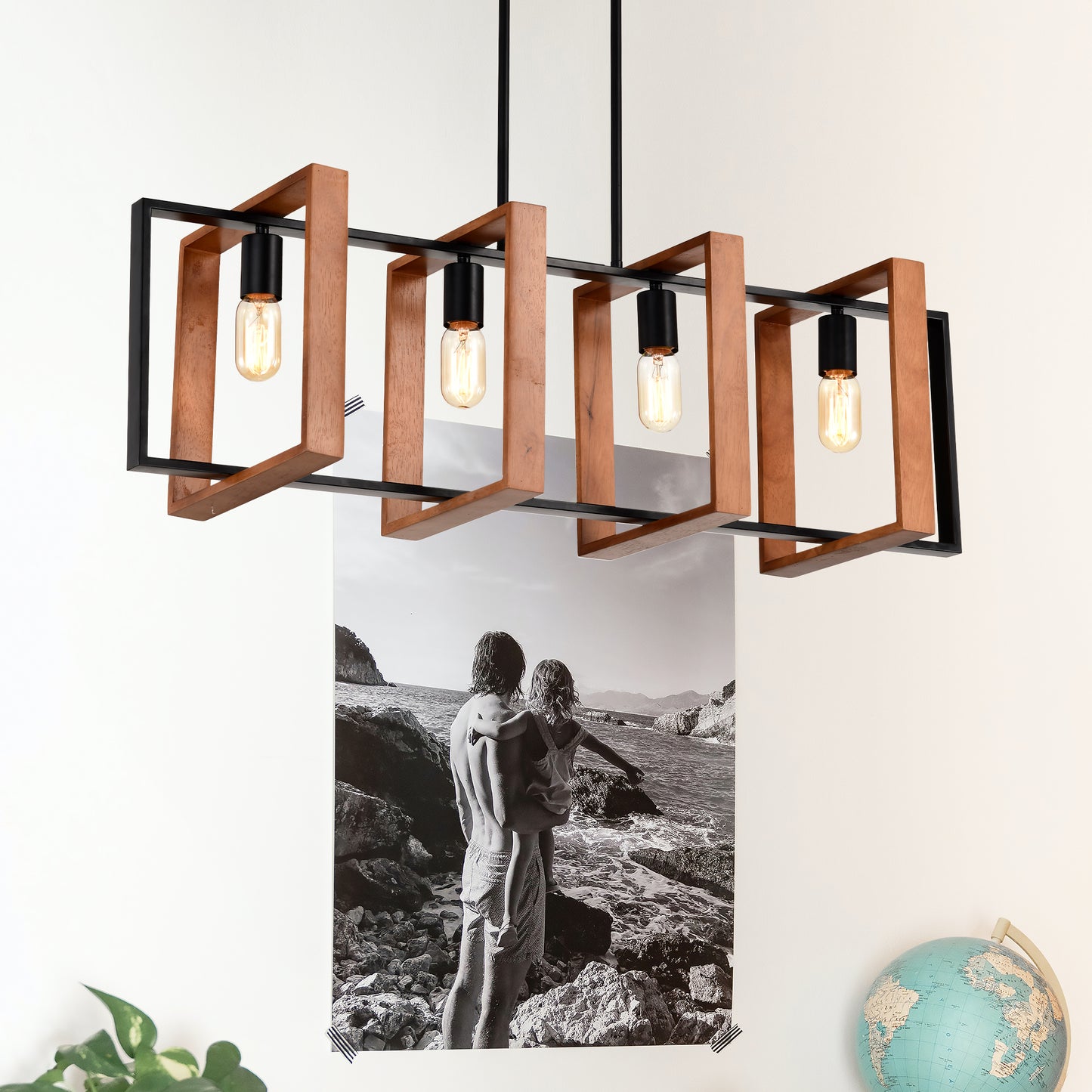 4-Light Kitchen Island Lights Pendant Light Farmhouse Dining Room Light Fixture, Rustic Wood And Black Metal Rectangular Chandelier, Hanging Lighting For Living Room,Conference Room, Home Office