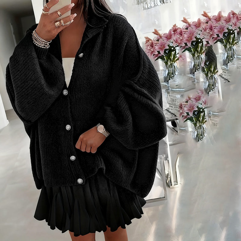 Elegant Solid Color Women's Knit Cardigan - High Neck Loose Fit Cuffed Long Sleeve Button Front