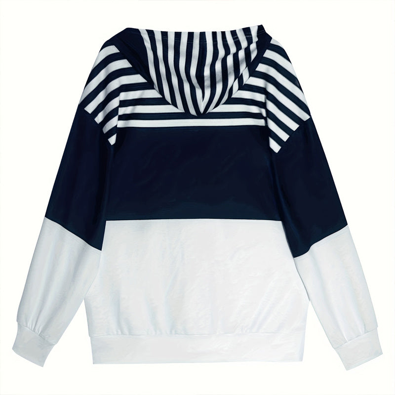 Plus Size Women's Long Sleeve Drawstring Hooded Sweatshirt With Color Block Stripes & Zip Front Pocket For Spring Fall