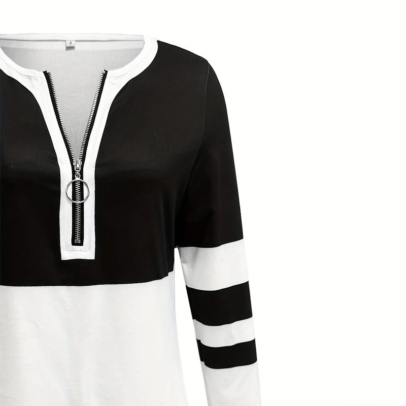 Women's Zip-Up Round Neck Long Sleeve Sweatshirt With Color Block Stripes - Casual Pullover Top For Spring&Fall