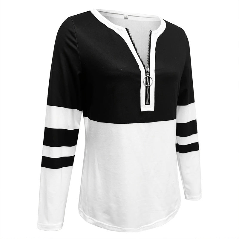 Women's Zip-Up Round Neck Long Sleeve Sweatshirt With Color Block Stripes - Casual Pullover Top For Spring&Fall