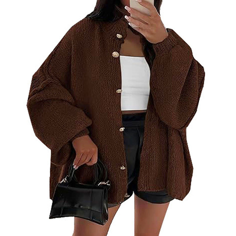 Elegant Solid Color Women's Knit Cardigan - High Neck Loose Fit Cuffed Long Sleeve Button Front