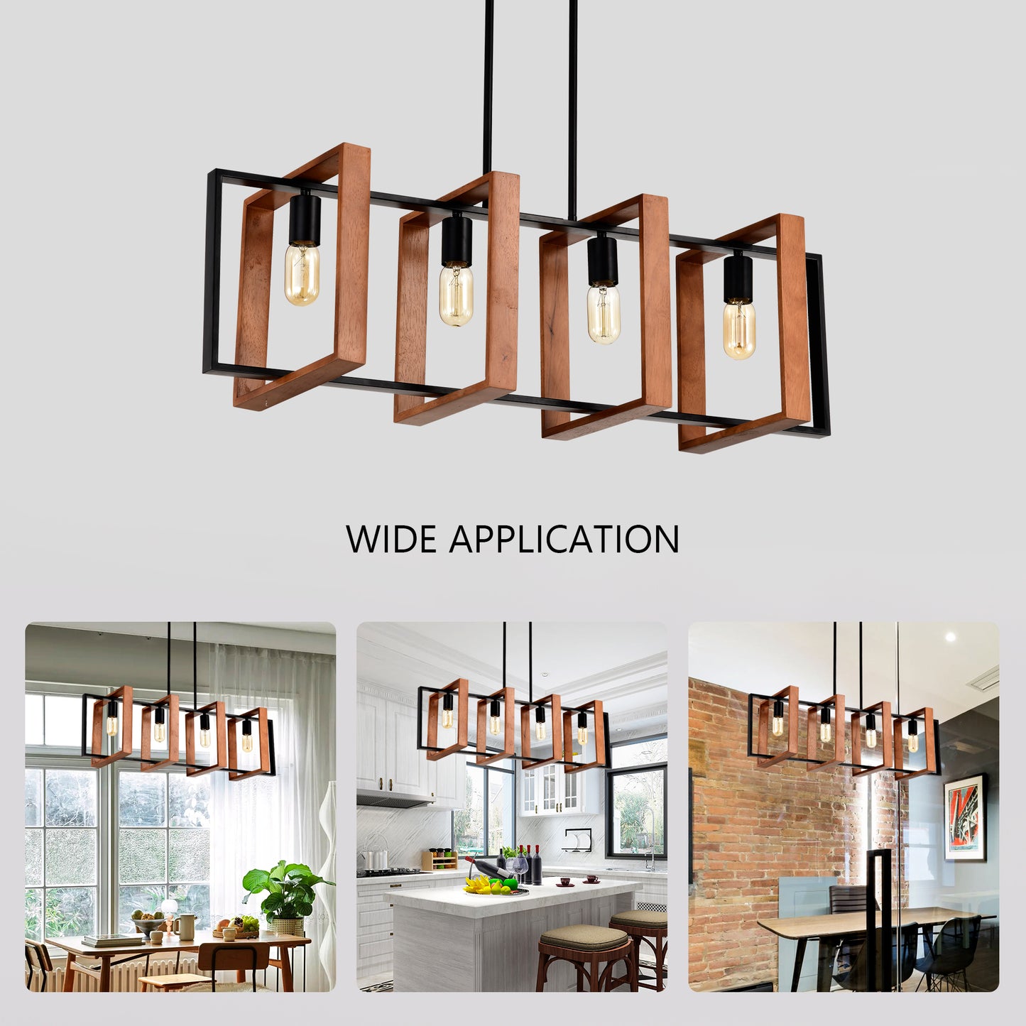 4-Light Kitchen Island Lights Pendant Light Farmhouse Dining Room Light Fixture, Rustic Wood And Black Metal Rectangular Chandelier, Hanging Lighting For Living Room,Conference Room, Home Office