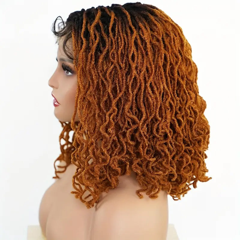 4x4 Lace Front Braided Wig Curly Mini Faux Locs Ombre Brown Ombre Blonde 14 Inch Shoulder Length Synthetic Lace Wig For Women