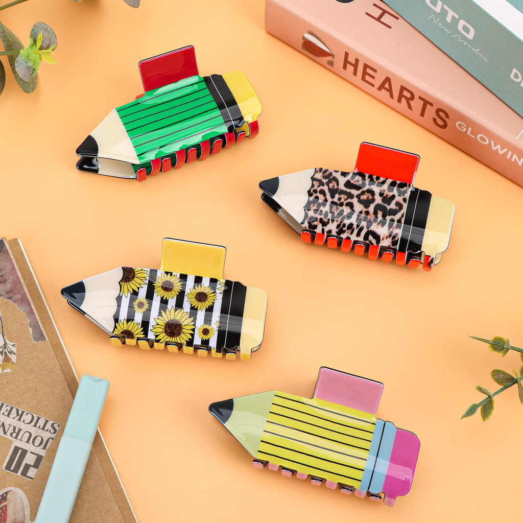 4Pcs Pencil Hair Clips Back To School Hair Accessories For Women Sunflower Leopard Stripe Hair Claw Clips Non Slip Hairpin For Thick Thin Hair School Opens Season Teachers Outfit Decor-Clearance