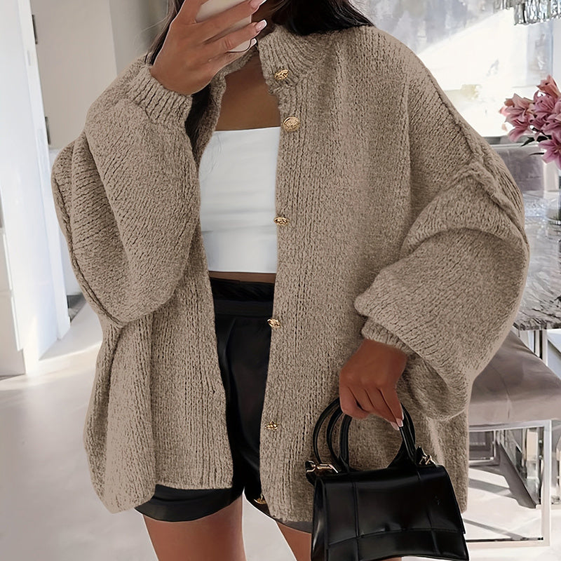 Elegant Solid Color Women's Knit Cardigan - High Neck Loose Fit Cuffed Long Sleeve Button Front