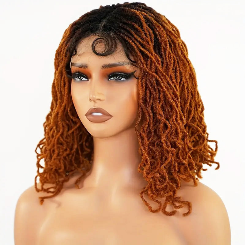 4x4 Lace Front Braided Wig Curly Mini Faux Locs Ombre Brown Ombre Blonde 14 Inch Shoulder Length Synthetic Lace Wig For Women