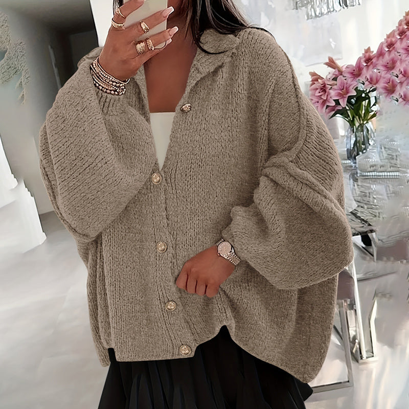 Elegant Solid Color Women's Knit Cardigan - High Neck Loose Fit Cuffed Long Sleeve Button Front