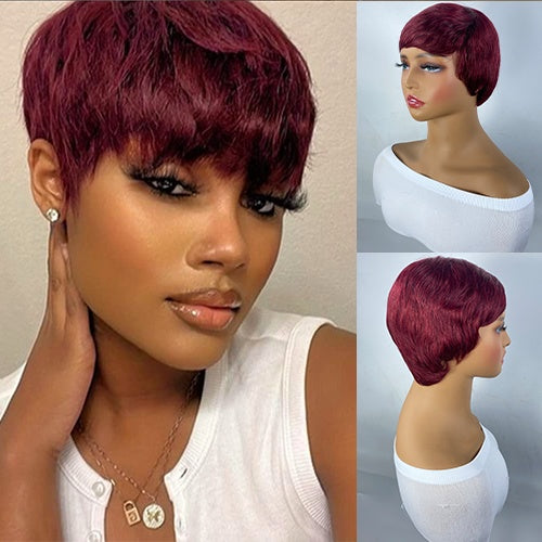 Short And Straight, Elf, Human Hair Non-toxic Wig, Burgundy, Short And Elf Haircut, Ladies Wig, Applicable To The Whole Scene.