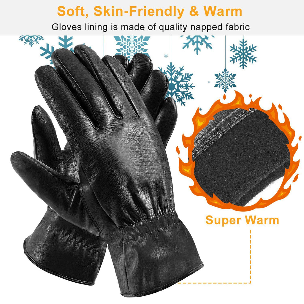1Pair Unisex Black Leather Gloves Winter Warm Windproof High Quality Soft Gloves Outdoor Cycling Skiing Running Motorbike Gloves