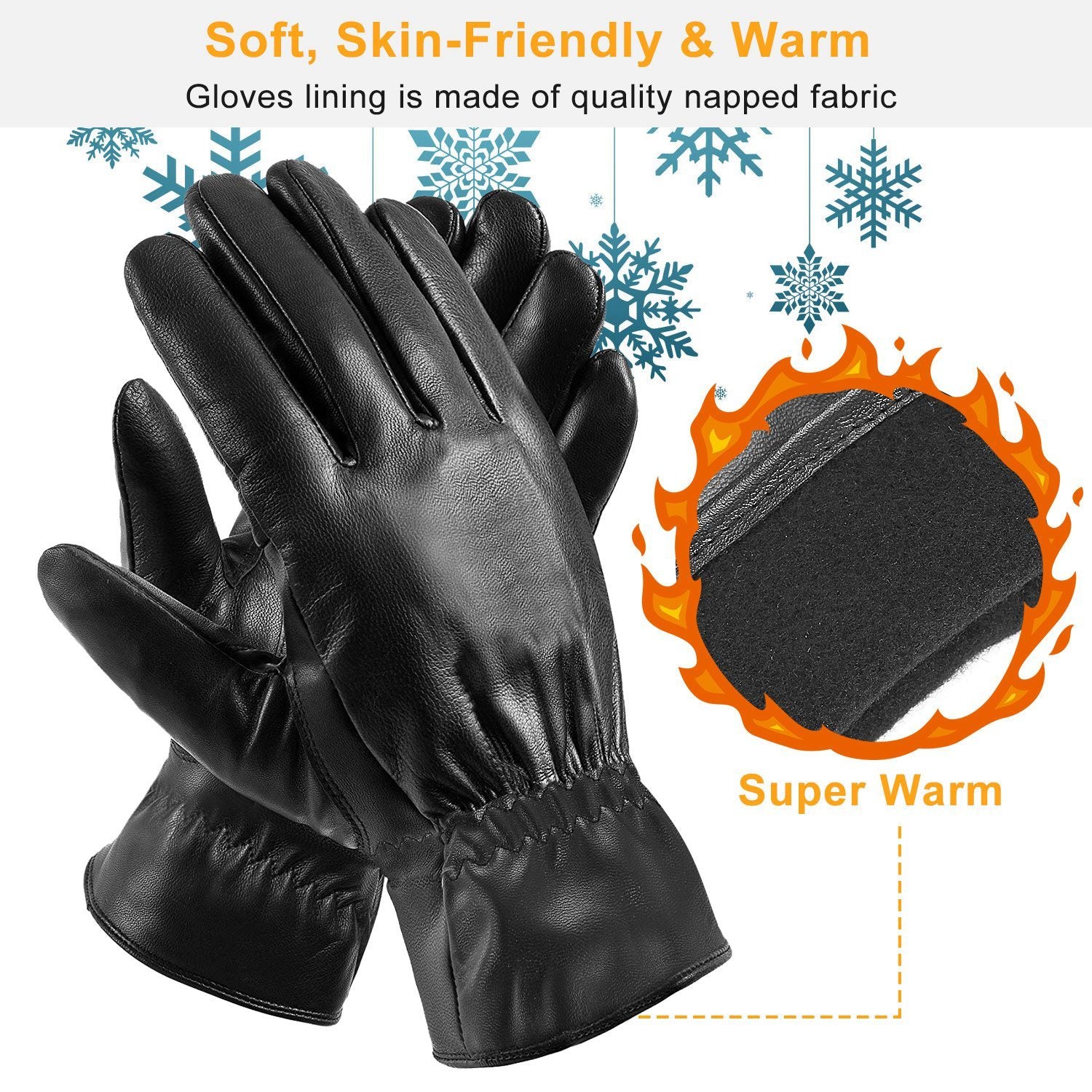 1Pair Unisex Black Leather Gloves Winter Warm Windproof High Quality Soft Gloves Outdoor Cycling Skiing Running Motorbike Gloves