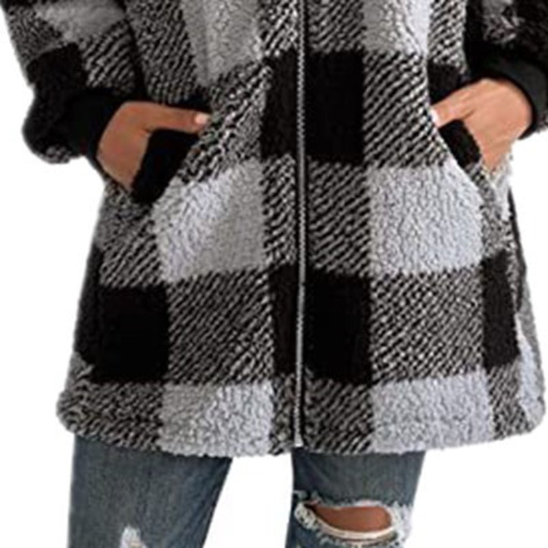 Women's Plaid Hooded Jacket, Long Sleeve Zip Up Oversized Coat With Pockets For Winter Casual And Commute