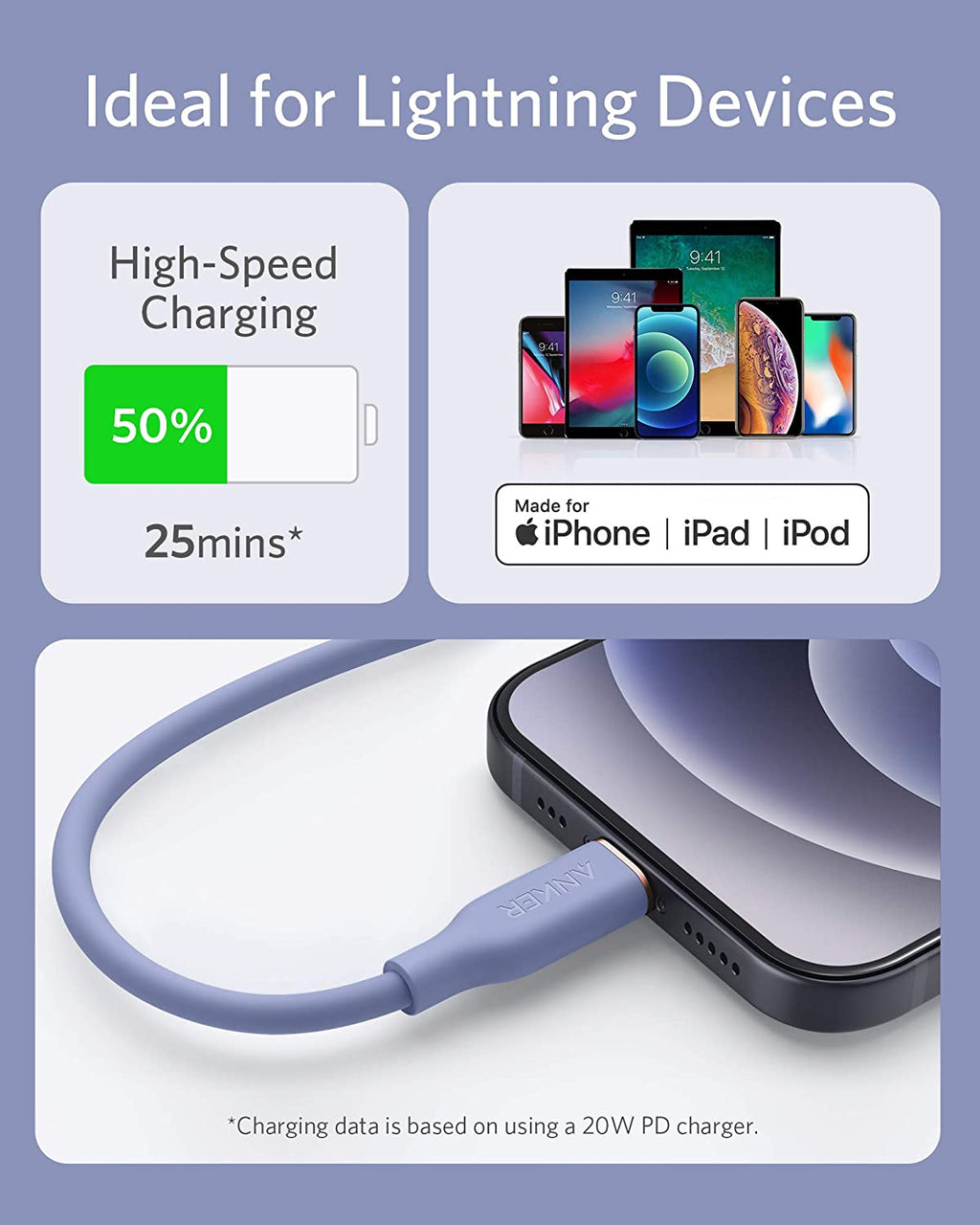 Anker <b>641</b> USB-C to Lightning Cable (Flow, 3 ft Silicone)