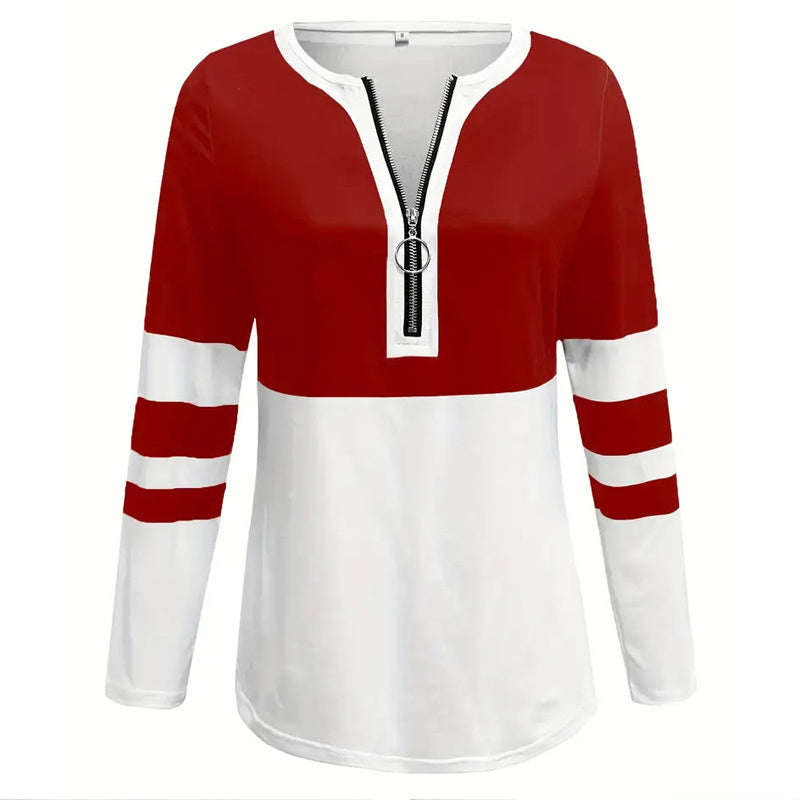 Women's Zip-Up Round Neck Long Sleeve Sweatshirt With Color Block Stripes - Casual Pullover Top For Spring&Fall