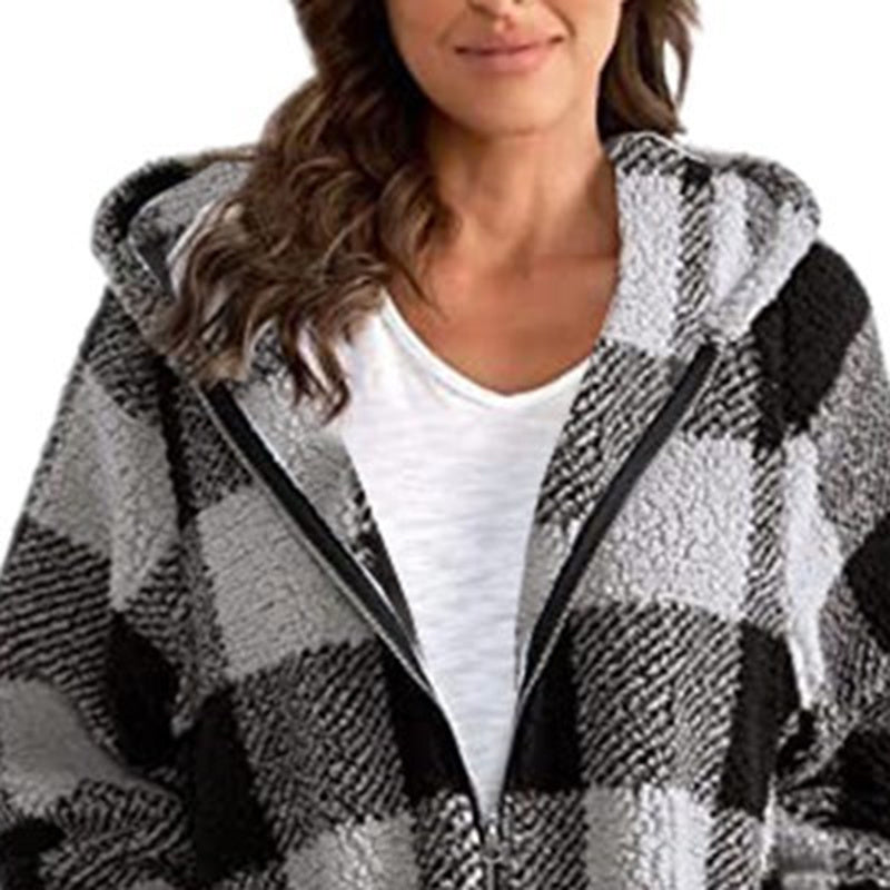 Women's Plaid Hooded Jacket, Long Sleeve Zip Up Oversized Coat With Pockets For Winter Casual And Commute