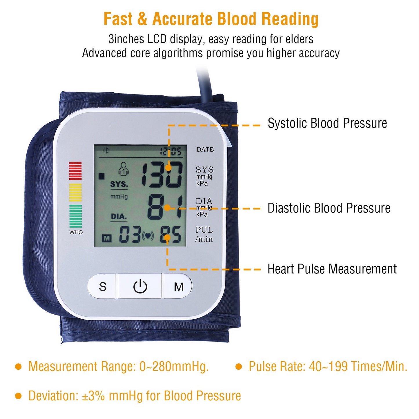 1Pc Digital Arm Blood Pressure Monitor LCD Digital Heart Beat BP Gauge Health Test With Voice