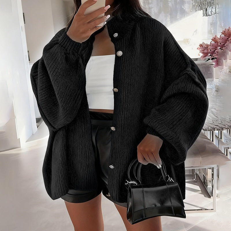 Elegant Solid Color Women's Knit Cardigan - High Neck Loose Fit Cuffed Long Sleeve Button Front