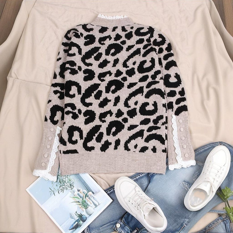 Women's Leopard Print Sweater, Crewneck Long Sleeve Pullover Top With Lace Trim