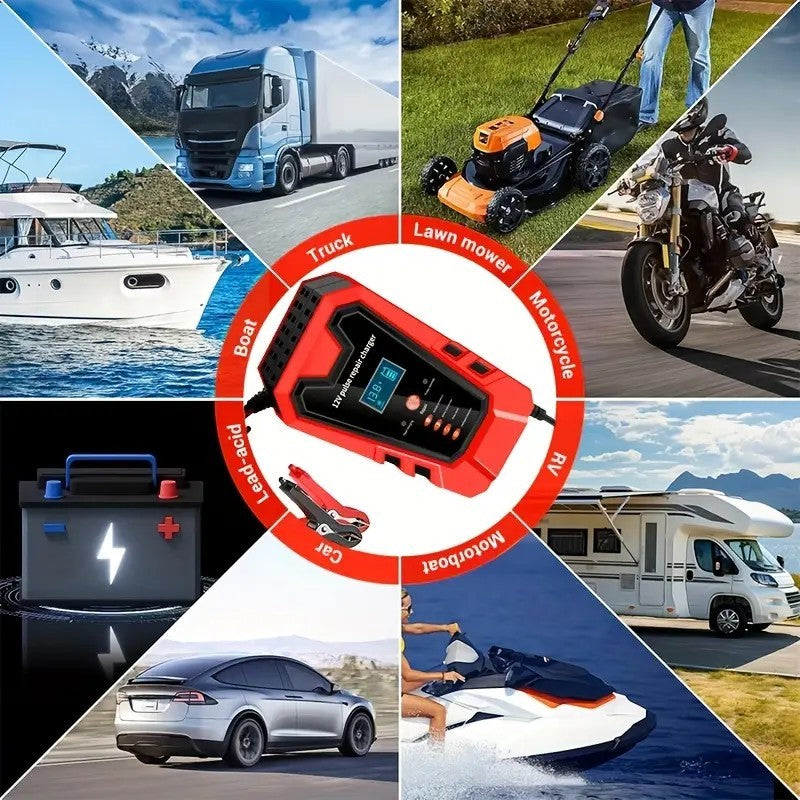 Smart 12V Car Battery Charger And Motorcycle Battery Maintainer, Easy To Operate, Full Power Self-stop, LCD Display, Battery Temperature Compensation, Without Battery