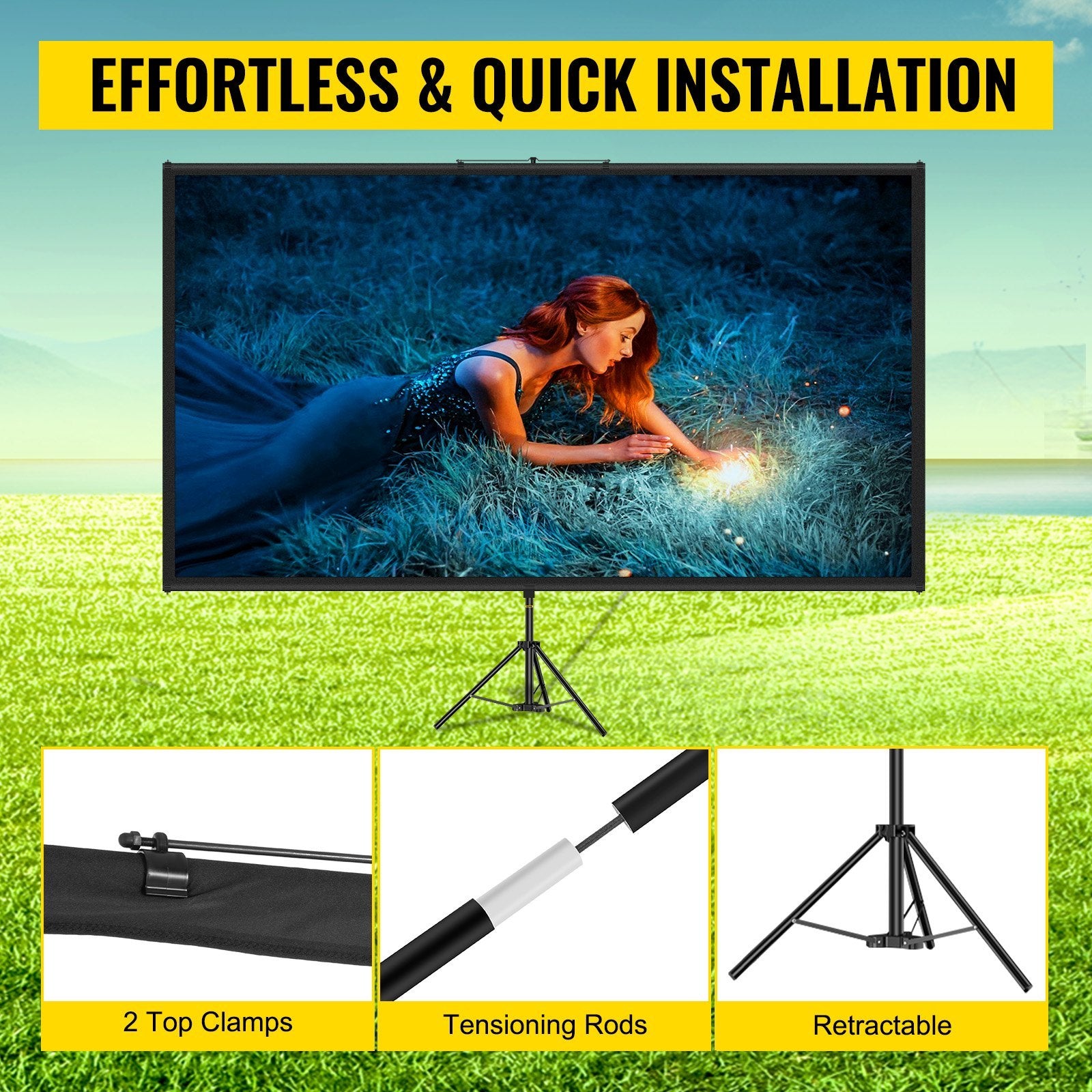 Tripod Projector Screen With Stand 100inch 16:9 4K HD Projection Screen Stand Wrinkle-Free Height Adjustable Portable Screen For Projector Indoor & Outdoor For Movie, Home Cinema, Gaming, Office