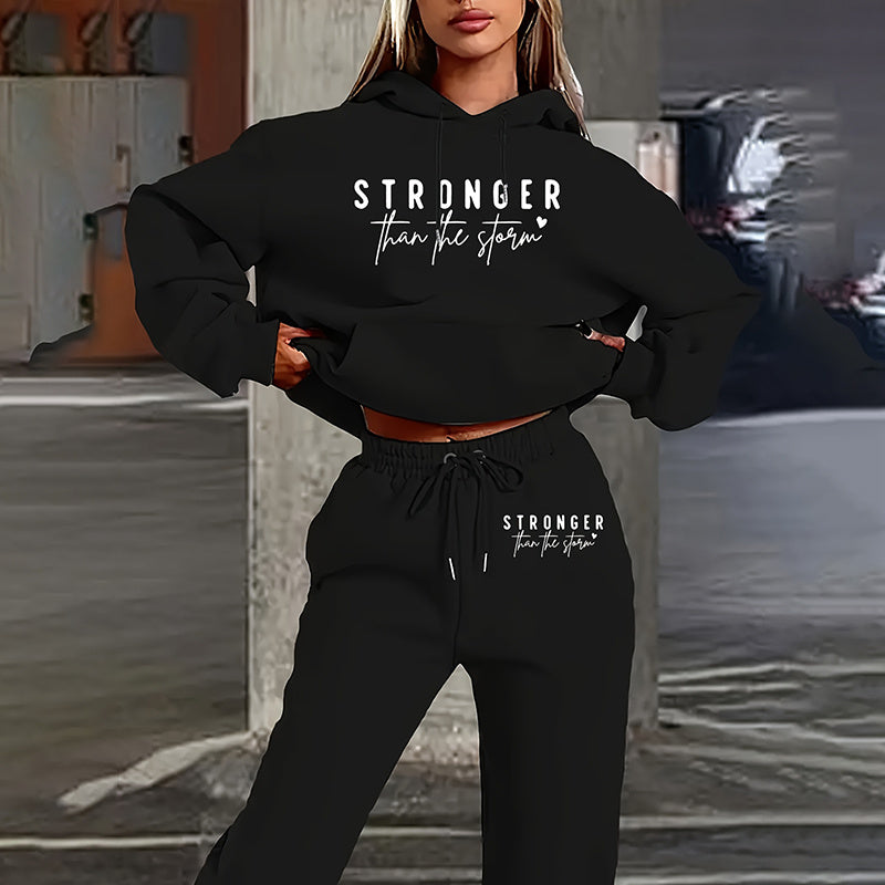 Women's Solid 2-Piece Set Letter Print Hoodie With Pocket & Drawstring Jogger Pants Casual Tracksuit