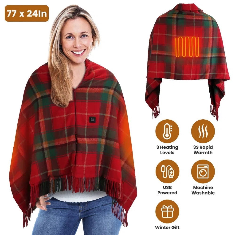 77x24In USB Heated Shawl With Teasel Wearable Heating Blanket Electric Throw Wrap Indoor Outdoor With Zipper 3 Heating Levels Machine Washable For Outdoor Home Office