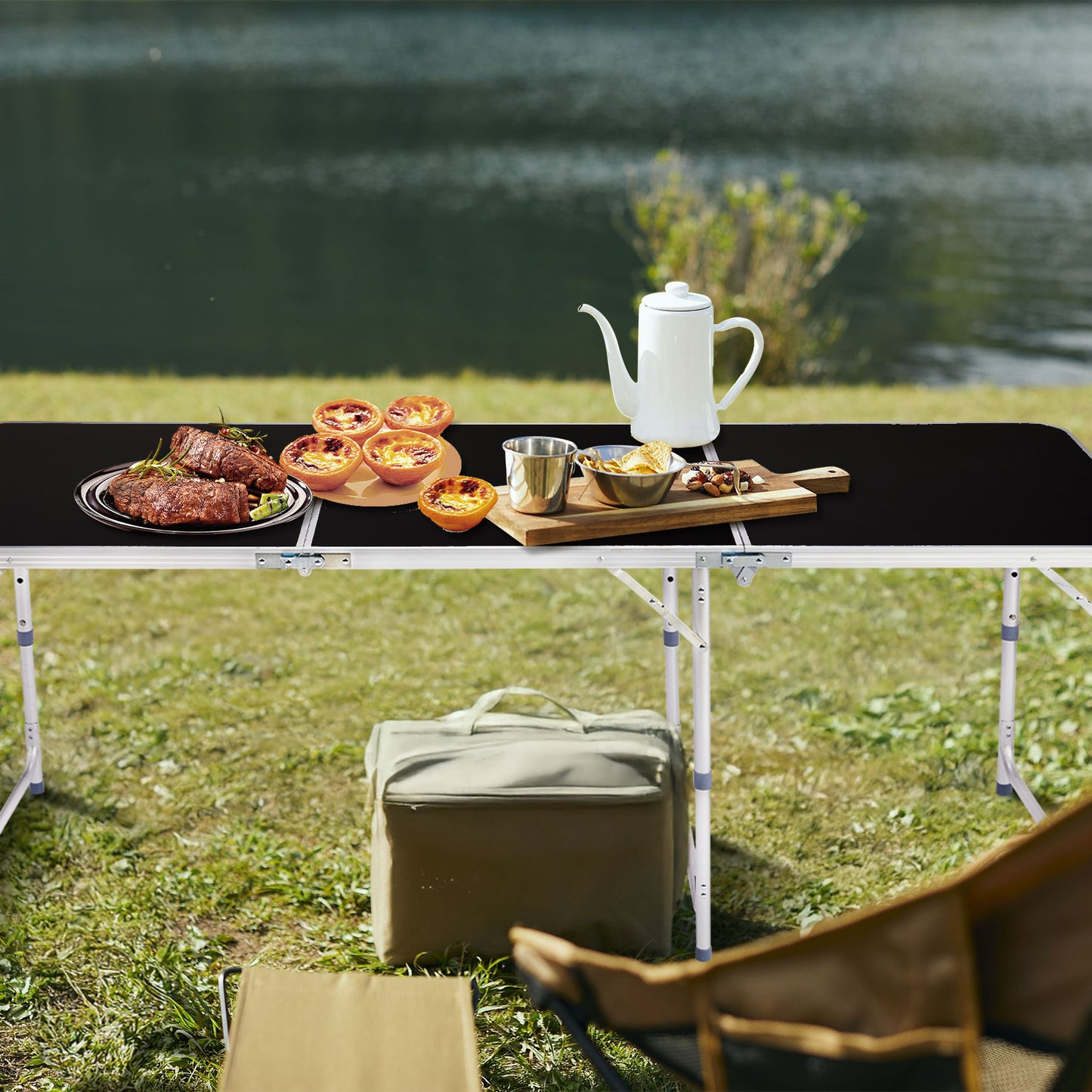 6ft Black Outdoor Folding Table Aluminum Alloy Rectangular 50kg Tri-fold Tabletop