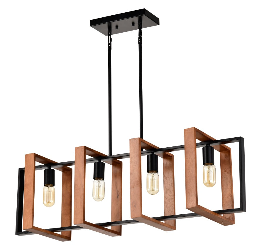 4-Light Kitchen Island Lights Pendant Light Farmhouse Dining Room Light Fixture, Rustic Wood And Black Metal Rectangular Chandelier, Hanging Lighting For Living Room,Conference Room, Home Office
