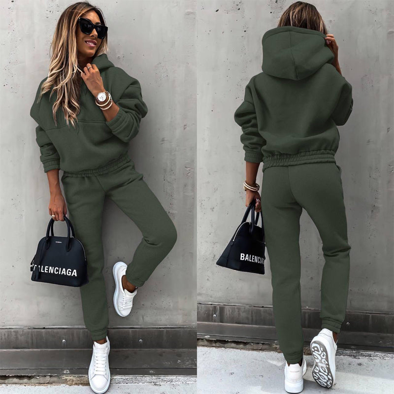 Women's Casual 2-Piece Tracksuit, Solid Color Hooded Sweatshirt And Slim Fit Jogger Pants For Autumn And Winter