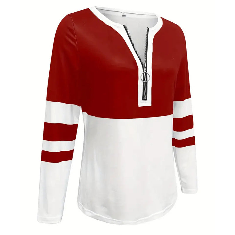 Women's Zip-Up Round Neck Long Sleeve Sweatshirt With Color Block Stripes - Casual Pullover Top For Spring&Fall