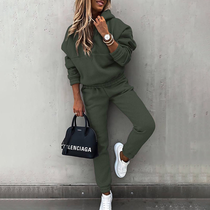 Women's Casual 2-Piece Tracksuit, Solid Color Hooded Sweatshirt And Slim Fit Jogger Pants For Autumn And Winter