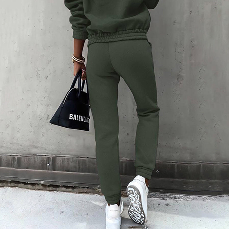 Women's Casual 2-Piece Tracksuit, Solid Color Hooded Sweatshirt And Slim Fit Jogger Pants For Autumn And Winter