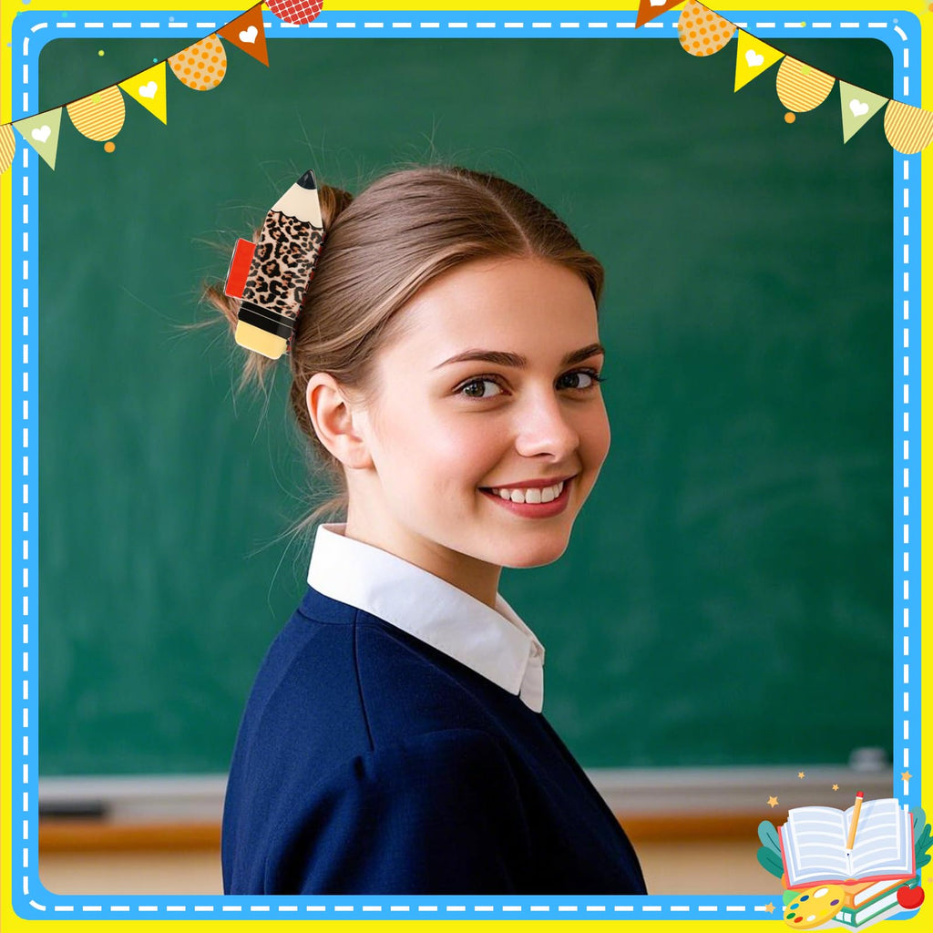 4Pcs Pencil Hair Clips Back To School Hair Accessories For Women Sunflower Leopard Stripe Hair Claw Clips Non Slip Hairpin For Thick Thin Hair School Opens Season Teachers Outfit Decor-Clearance
