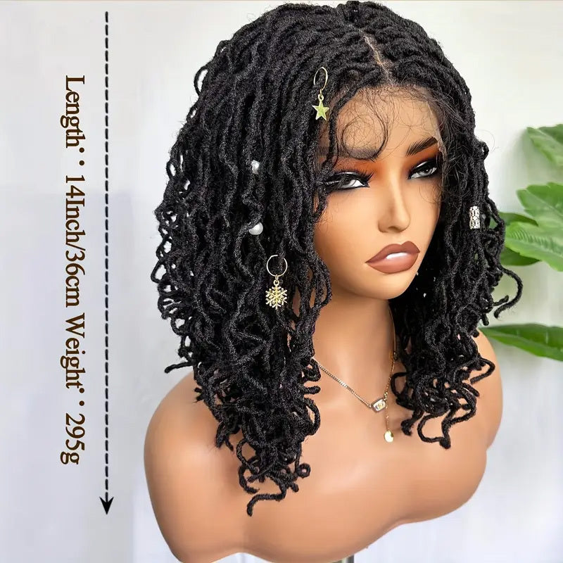 4x4 Lace Front Braided Wig Curly Mini Faux Locs Ombre Brown Ombre Blonde 14 Inch Shoulder Length Synthetic Lace Wig For Women