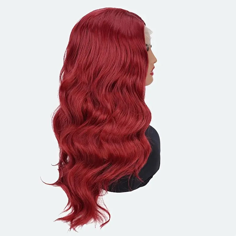 Elegant 24 Inch Red Wavy Synthetic Wig For Women, 4x1 Front Lace, High Temperature Fiber, Middle Part, Natural Look, Breathable, Comfortable, Versatile For Cosplay & Daily Use, All Ethnicities